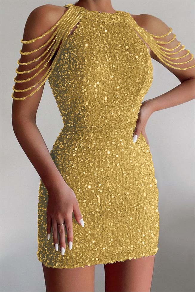 Chic Champagne Sequins Gold Jewel Neck Short Homecoming Dress With Beadings