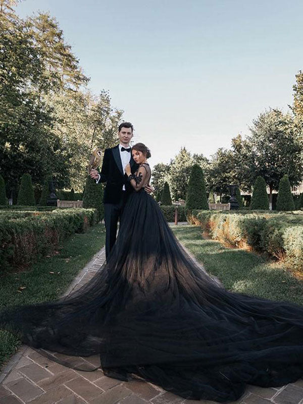 Chic Chiffon Sweetheart Long Sleeves Lace Black Split  Wedding Dresses Long