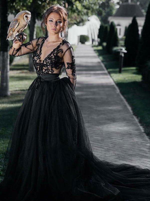 Chic Chiffon Sweetheart Long Sleeves Lace Black Split  Wedding Dresses Long
