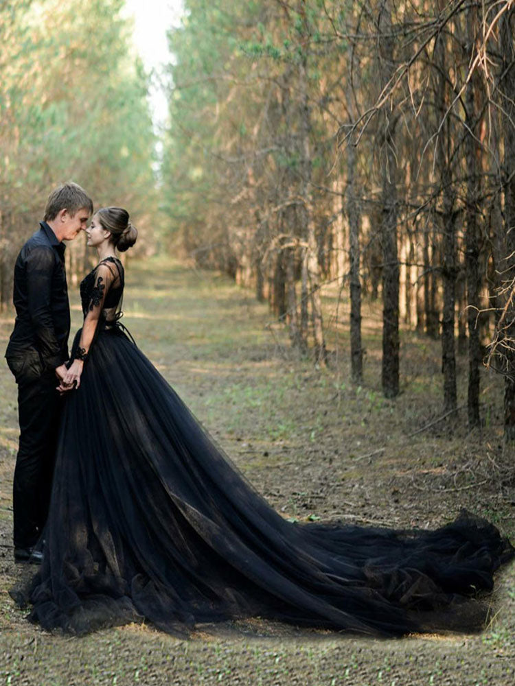 Chic Chiffon Sweetheart Long Sleeves Lace Black Split  Wedding Dresses Long