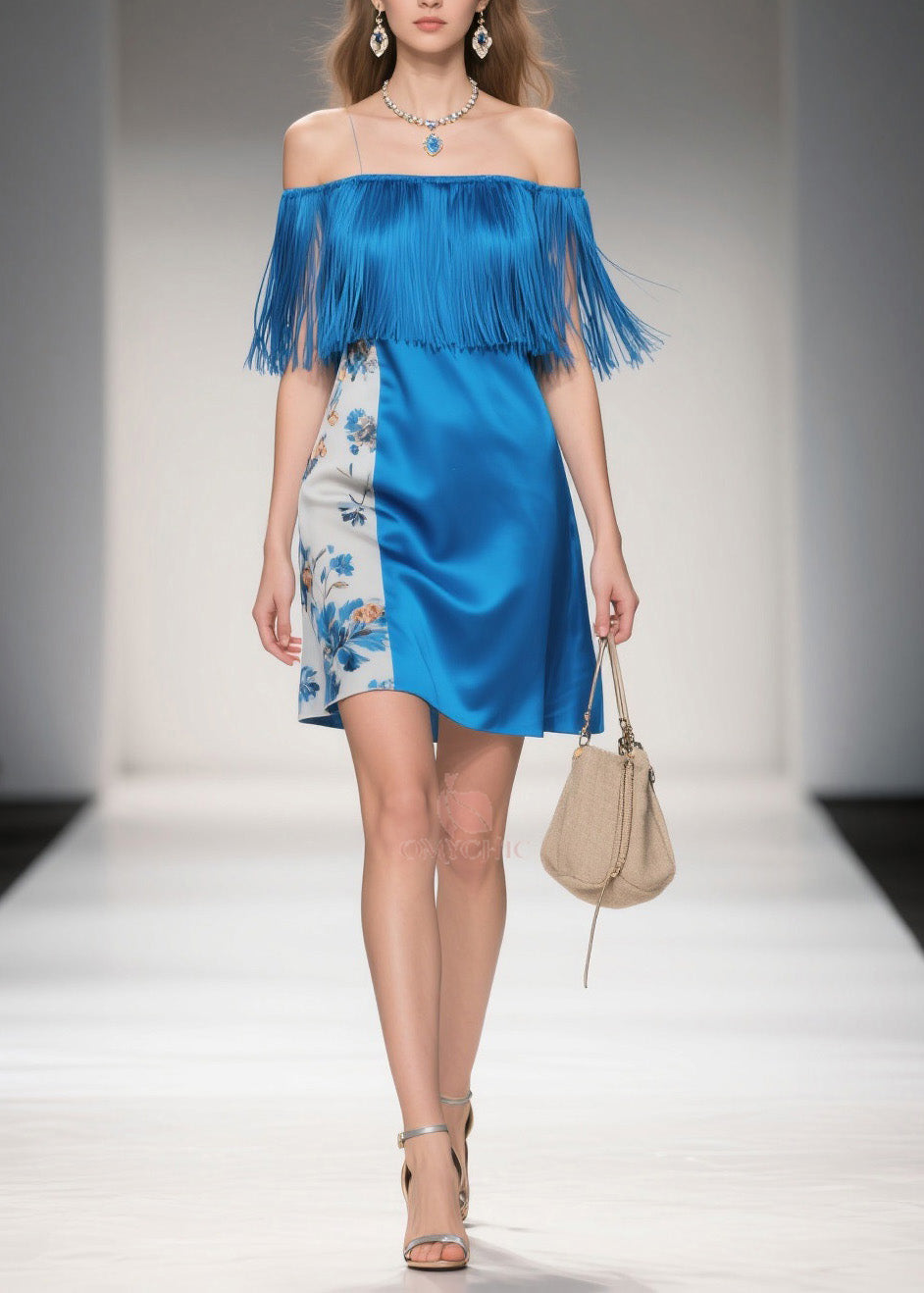 Chic Cold Shoulder Print Tassel Silk Mid Dress Summer