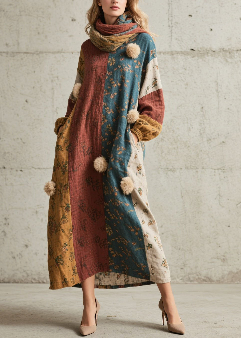 Chic Colorblock Print Fuzzy Ball Decorated Cotton Dress Fall