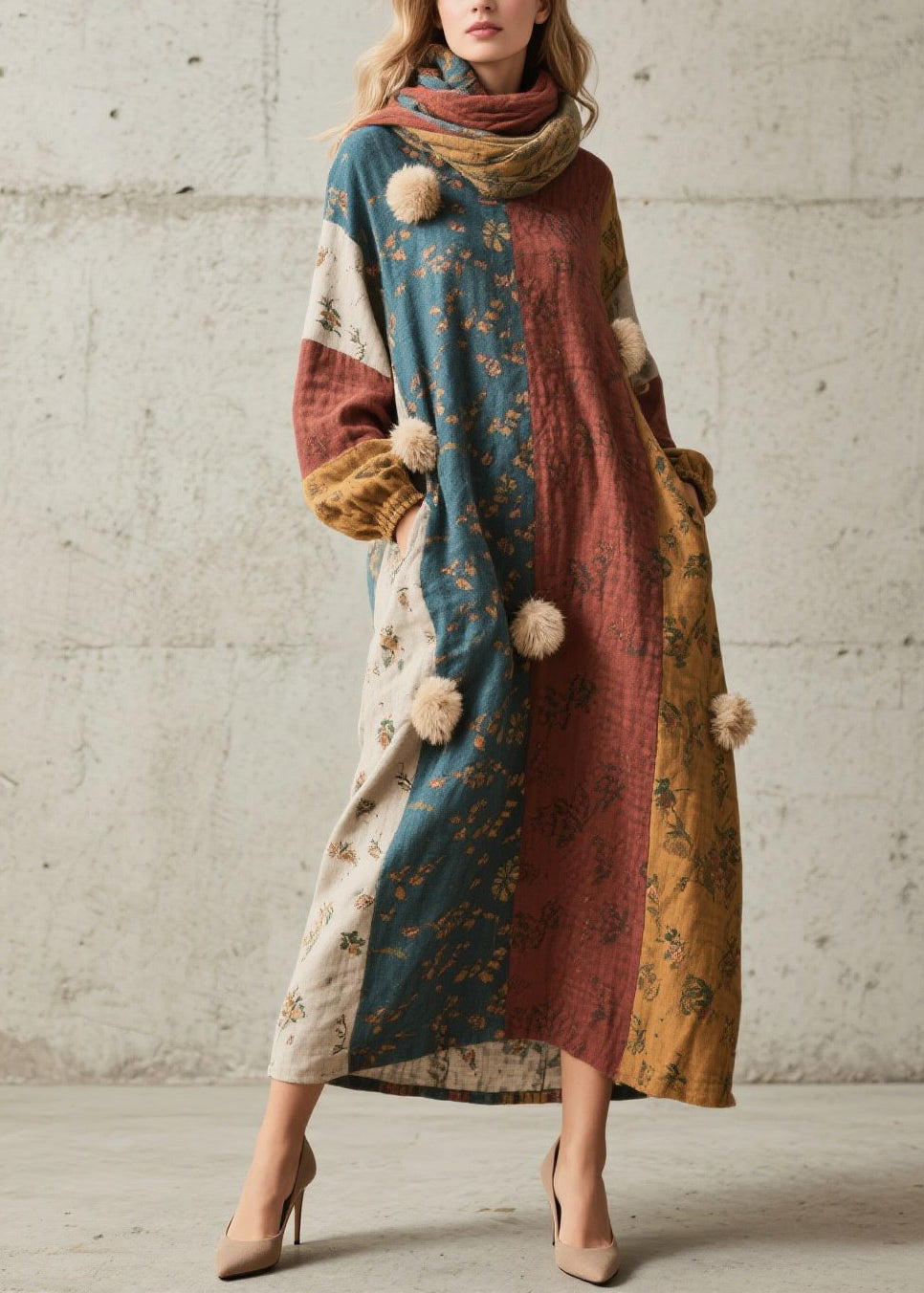 Chic Colorblock Print Fuzzy Ball Decorated Cotton Dress Fall