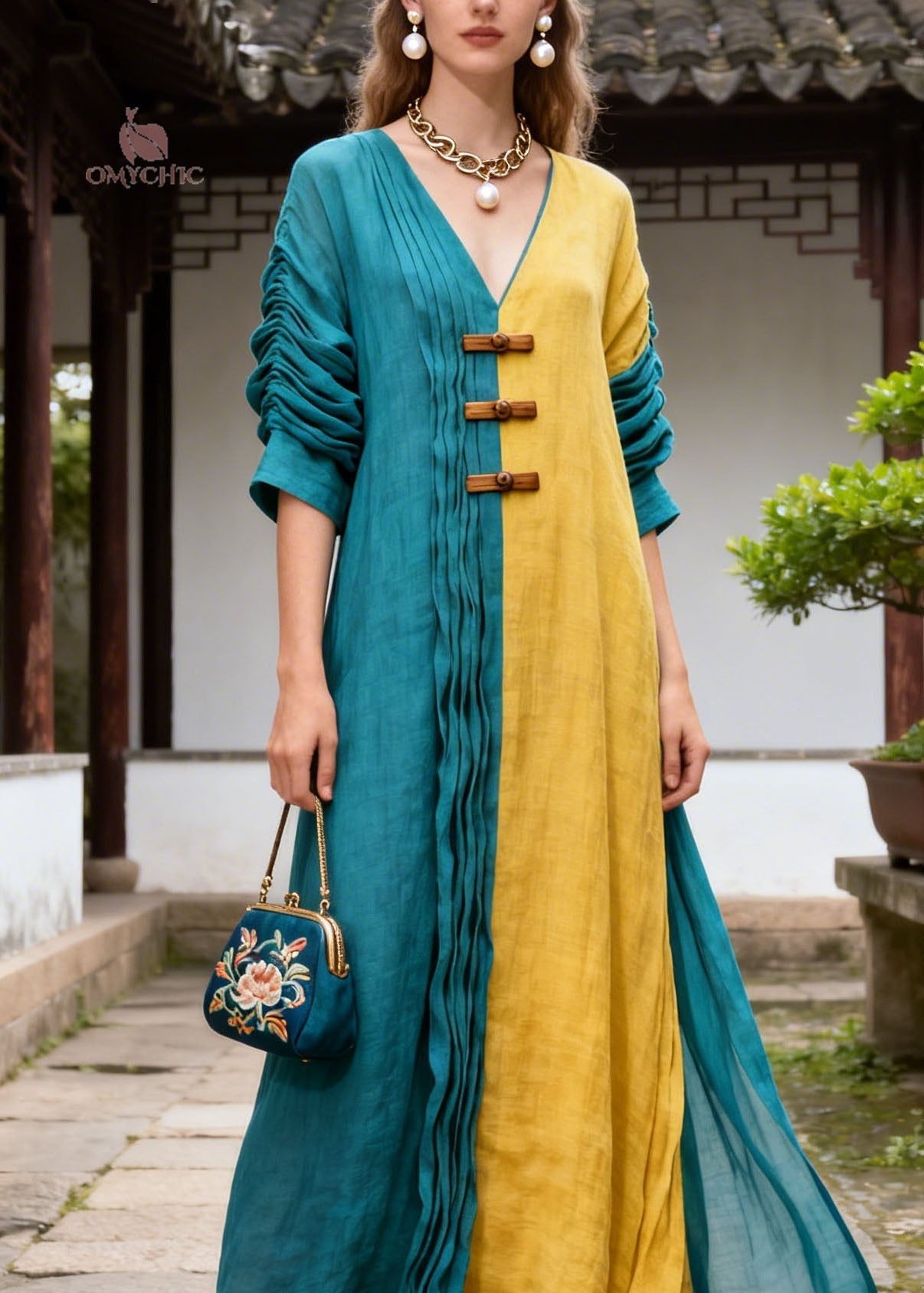 Chic Colorblock V Neck Wrinkled Patchwork Cotton Long Dress Summer