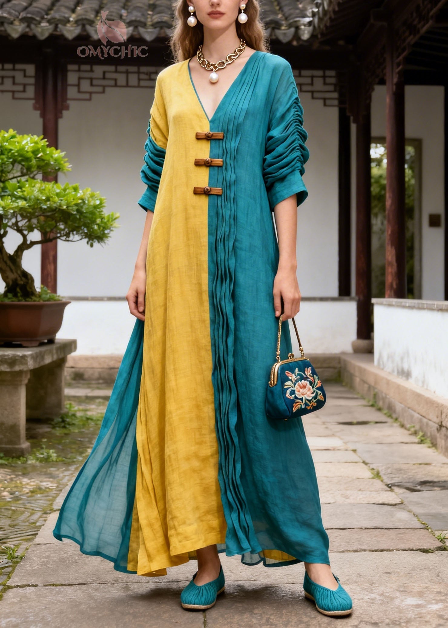 Chic Colorblock V Neck Wrinkled Patchwork Cotton Long Dress Summer