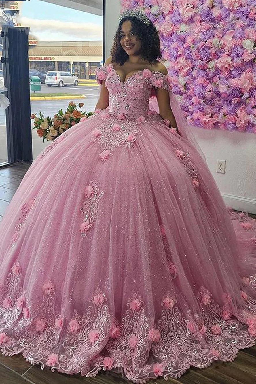 Chic & Cute Ball Gown Off Shoulder 3D Flower Lace Appliques Beaded Pink Tulle Quinceanera Dress Birthday Party Gown For Sweet 16