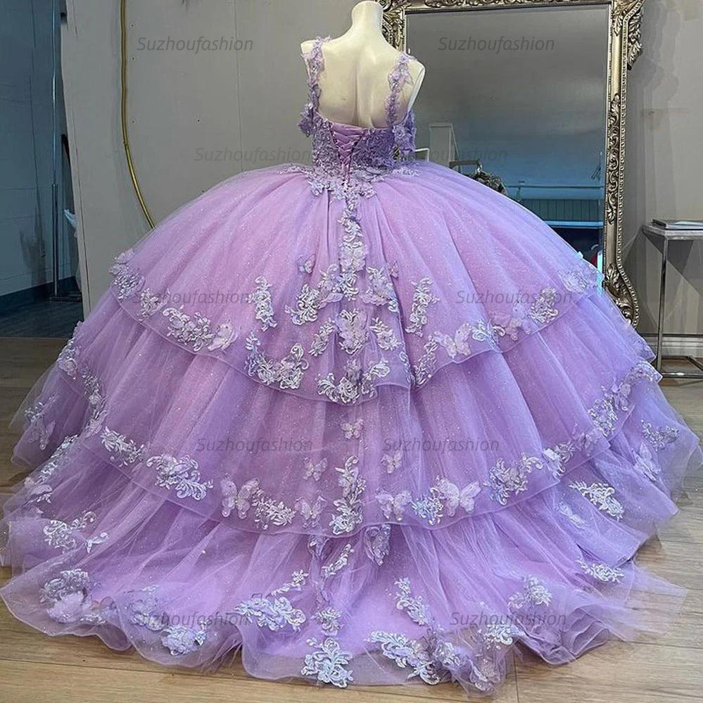 Chic & Cute Ball Gown Off Shoulder Lace Applique Beaded Tiered Ruffles Lilac Tulle Quinceanera Dress Birthday Party Princess Gown For Sweet 16