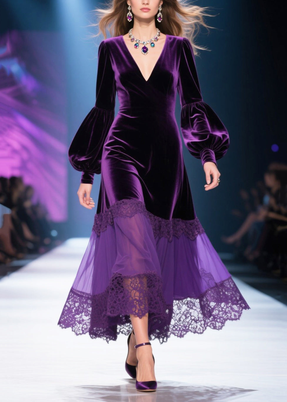 Chic Dull Purple V Neck Patchwork Silk Velvet Maxi Dresses Lantern Sleeve