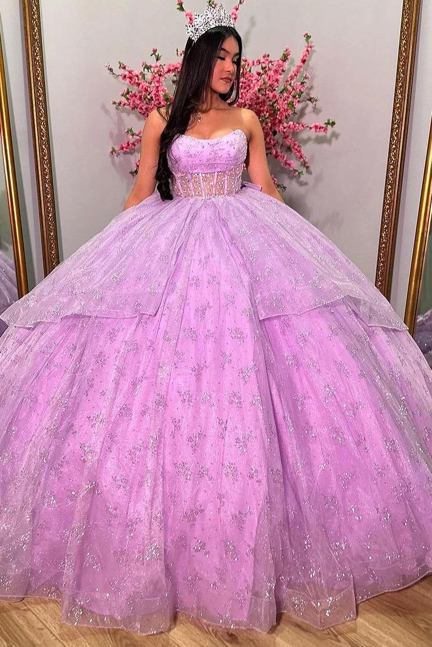 Chic & Glitter Ball Gown Strapless Tiered Bow Knot Lilac Tulle Quinceanera Dressprincess Evening Party Gown For Sweet 16