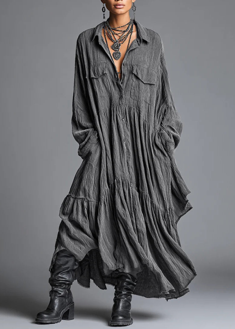 Chic Grey Peter Pan Collar Wrinkled Patchwork Cotton Dress Long Sleeve