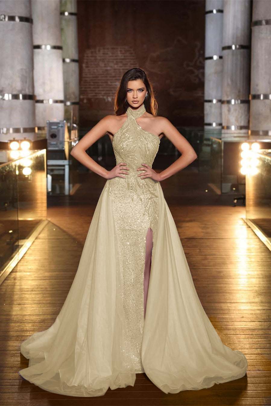 Chic Halter Sequined Sleeveless Evening Dress With Side Split Online