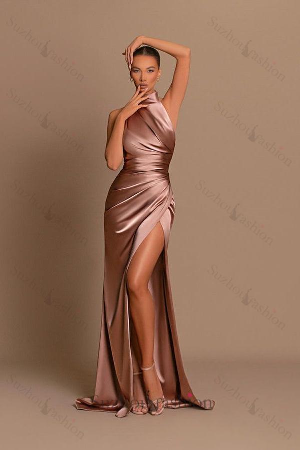 Chic High Neck Sleeveless Evening Prom Dresses Mermaid Slit Long Online