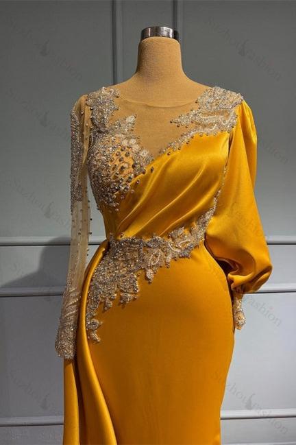 Chic Jewel Asymmetric Beading Long Sleeves Evening Prom Dresses with Appliques
