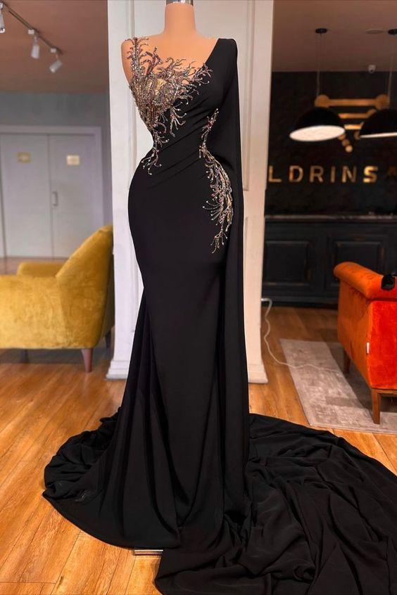 Chic Long Black Mermaid Beading Lace Prom Dresses