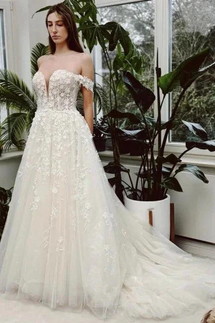 Chic Long Ivory A-line Off-the-shoulder V-neck Sleeveless Wedding Dress with Lace (ZD15571)