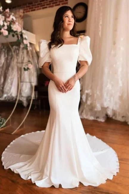 Chic Long Mermaid Square Neck Satin Backless Wedding Dress With Short Sleeves (ZD15604)
