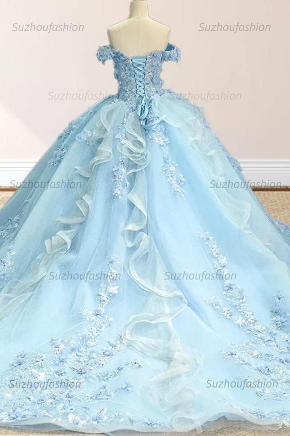 Chic & Modern Ball Gown Off Shoulder 3D Flower Appliques Lace Up Sweep Train Baby Blue Tulle Quinceanera Dress Birthday Party Dress For Sweet 16