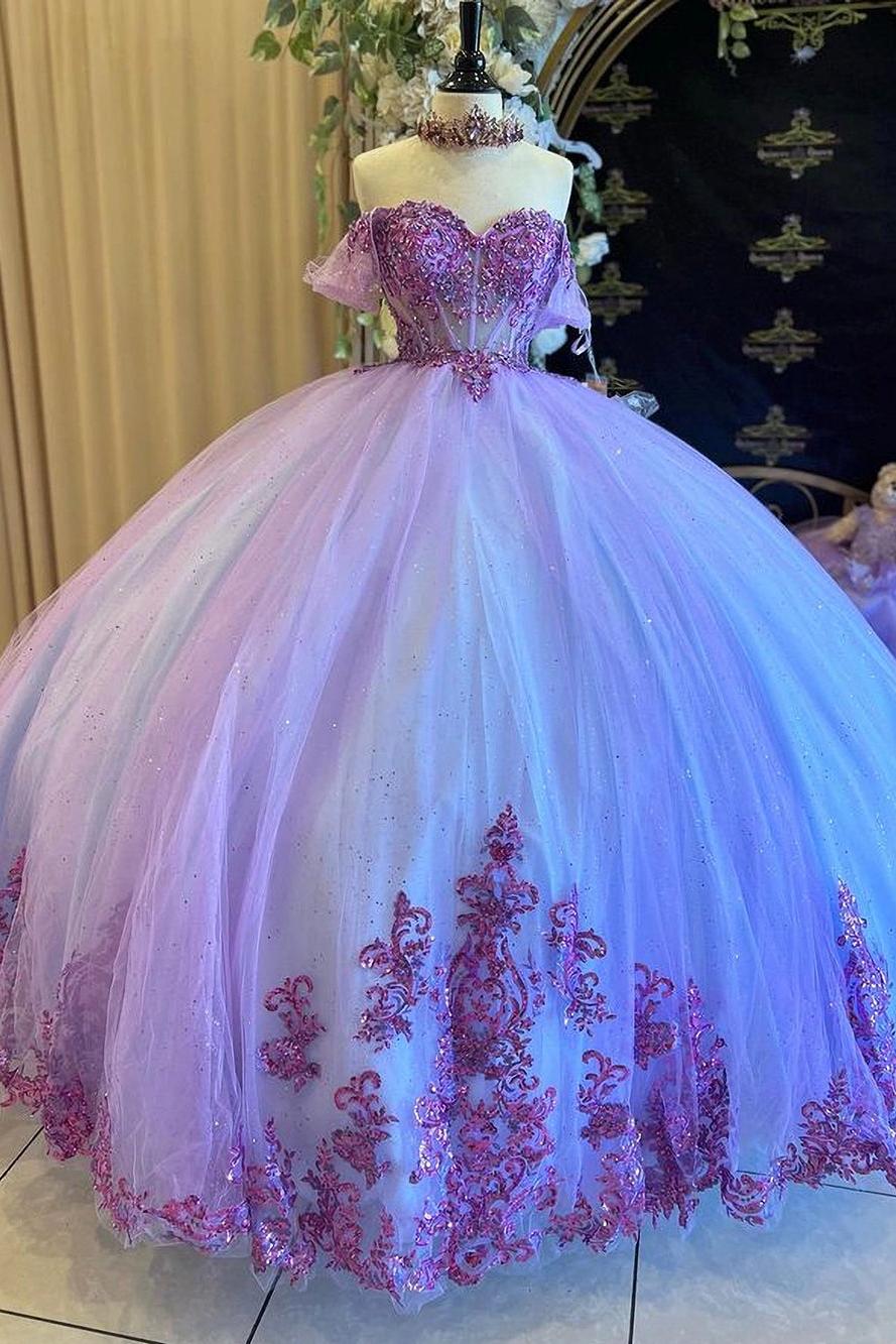 Chic & Modern Ball Gown Off Shoulder Sequins Beaded Floral Lace Appliques Lilac Tulle Quinceanera Dress Birthday Party Gown For Sweet 16