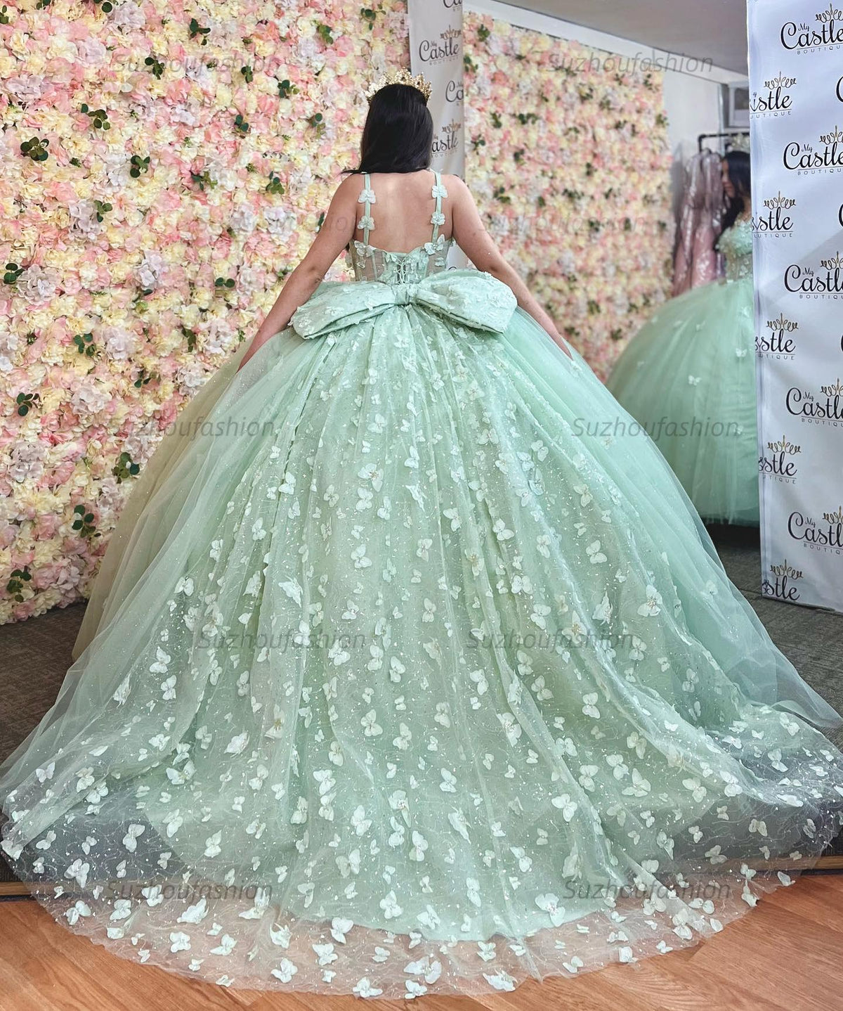 Chic & Modern Ball Gown Off Shoulder Sleeveless Pleated 3D Butterflies Appliques Big Bow Knot Mint Green Tulle Quinceanera Dress Birthday Party Dress For Sweet 16
