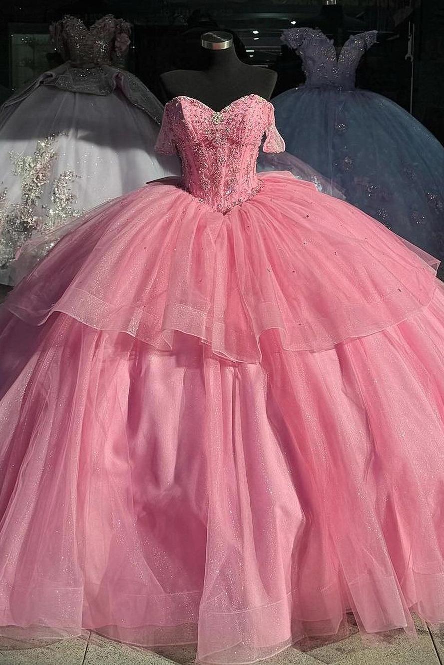 Chic & Modern Ball Gown Off Shoulder Sweetheart Corset Ball Gown Strapless Off Shoulder Beaded Tiered Pink Tulle Princess Formal Evening Party Gown Quinceanera Dress For Sweet 16
