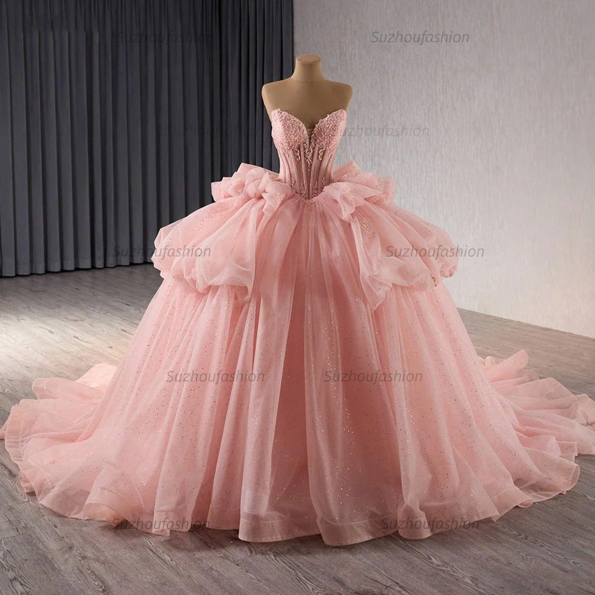 Chic & Modern Ball Gown Strapless Detachable Sleeves Appliques Ruffle Tiered Bow Knot Pink Tulle Quinceanera Dress Princess Birthday Party Gown For Sweet 16