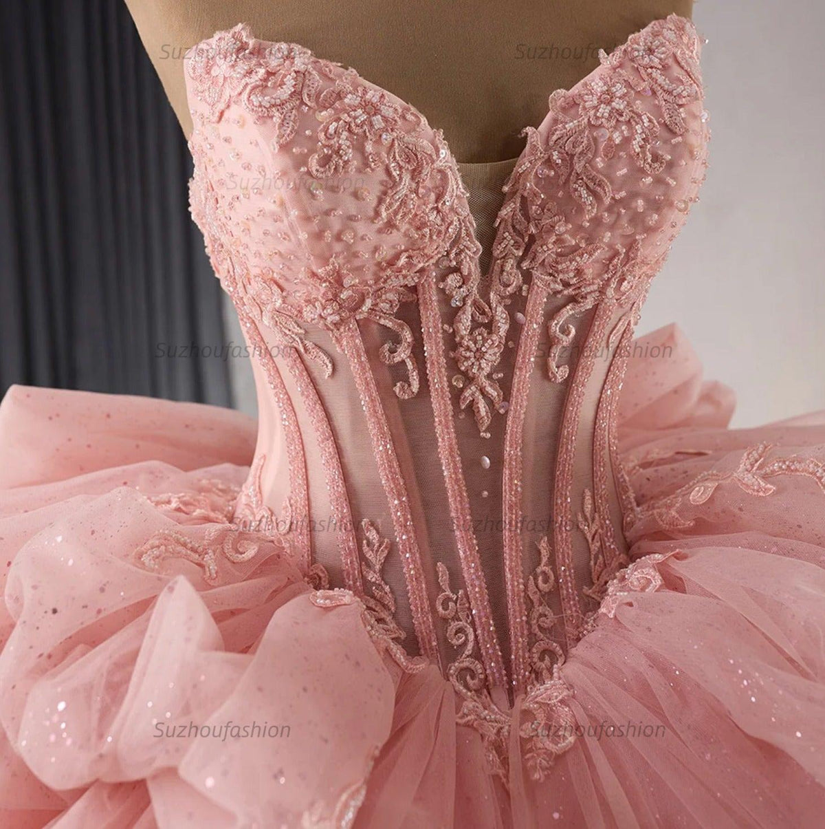 Chic & Modern Ball Gown Strapless Detachable Sleeves Appliques Ruffle Tiered Bow Knot Pink Tulle Quinceanera Dress Princess Birthday Party Gown For Sweet 16