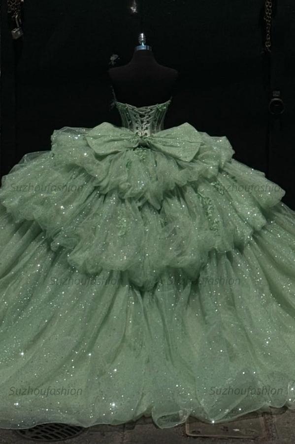 Chic & Modern Ball Gown Sweetheart Neck Lace Up Bow Knot Tiered Beaded Sequins Appliques Mint Green Sparkly Tulle Quinceanera Dress Birthday Party Gown For Sweet 16