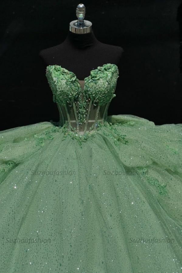 Chic & Modern Ball Gown Sweetheart Neck Lace Up Bow Knot Tiered Beaded Sequins Appliques Mint Green Sparkly Tulle Quinceanera Dress Birthday Party Gown For Sweet 16