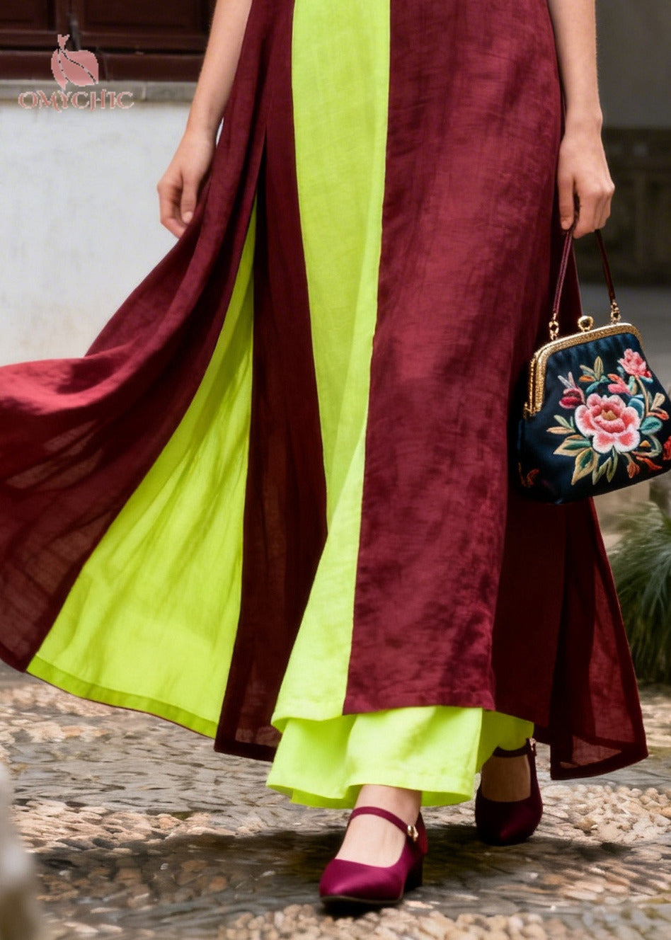 Chic Mulberry Asymmetrical Patchwork Cotton Maxi Dresses Fall
