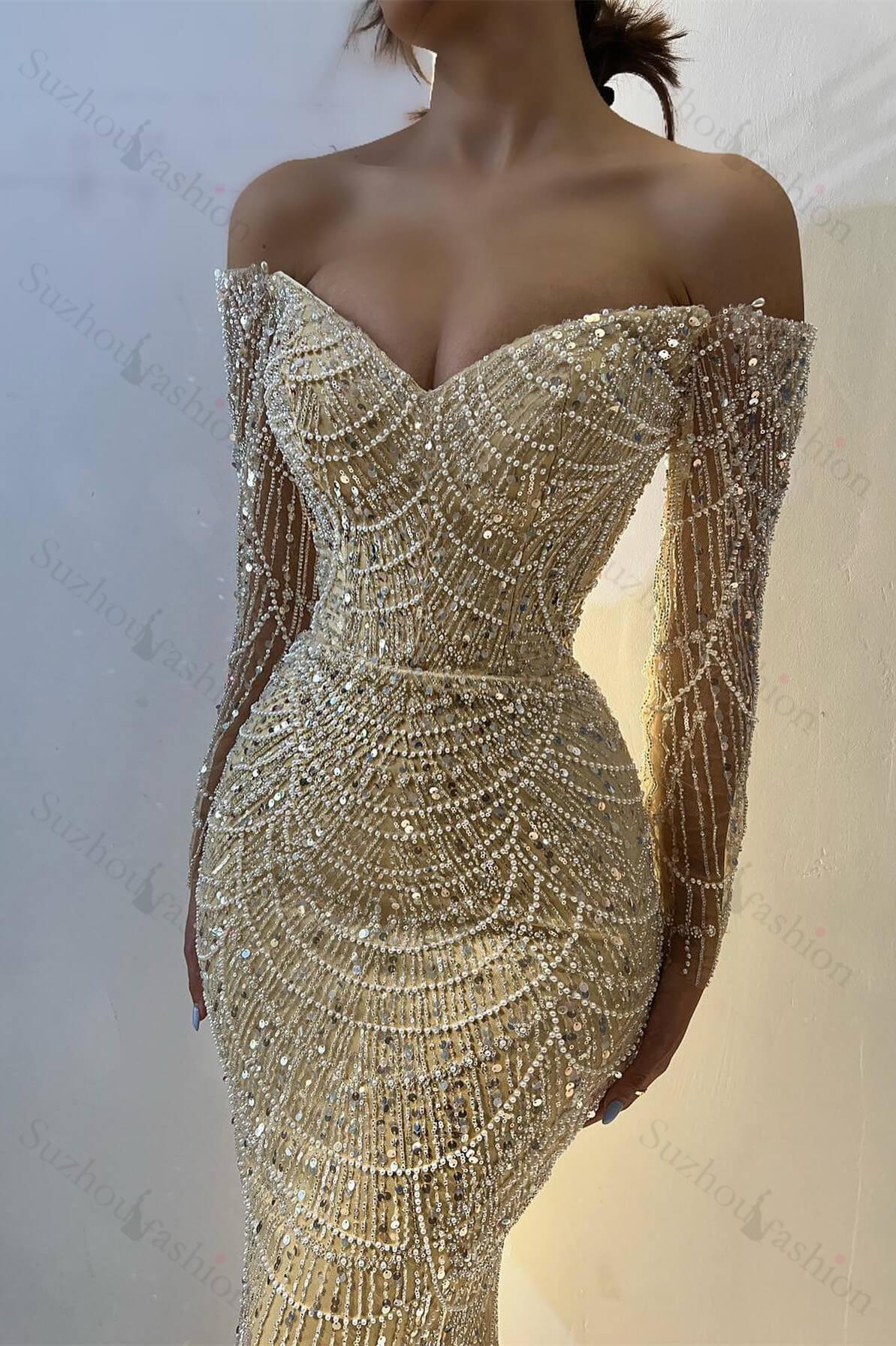 Chic Off-the-Shoulder Long Sleeves Prom Dress Mermaid Pearls With Beads