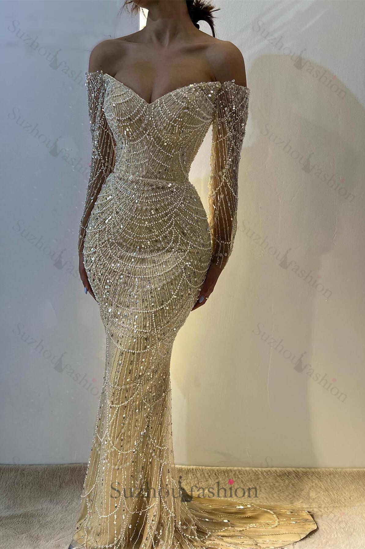 Chic Off-the-Shoulder Long Sleeves Prom Dress Mermaid Pearls With Beads