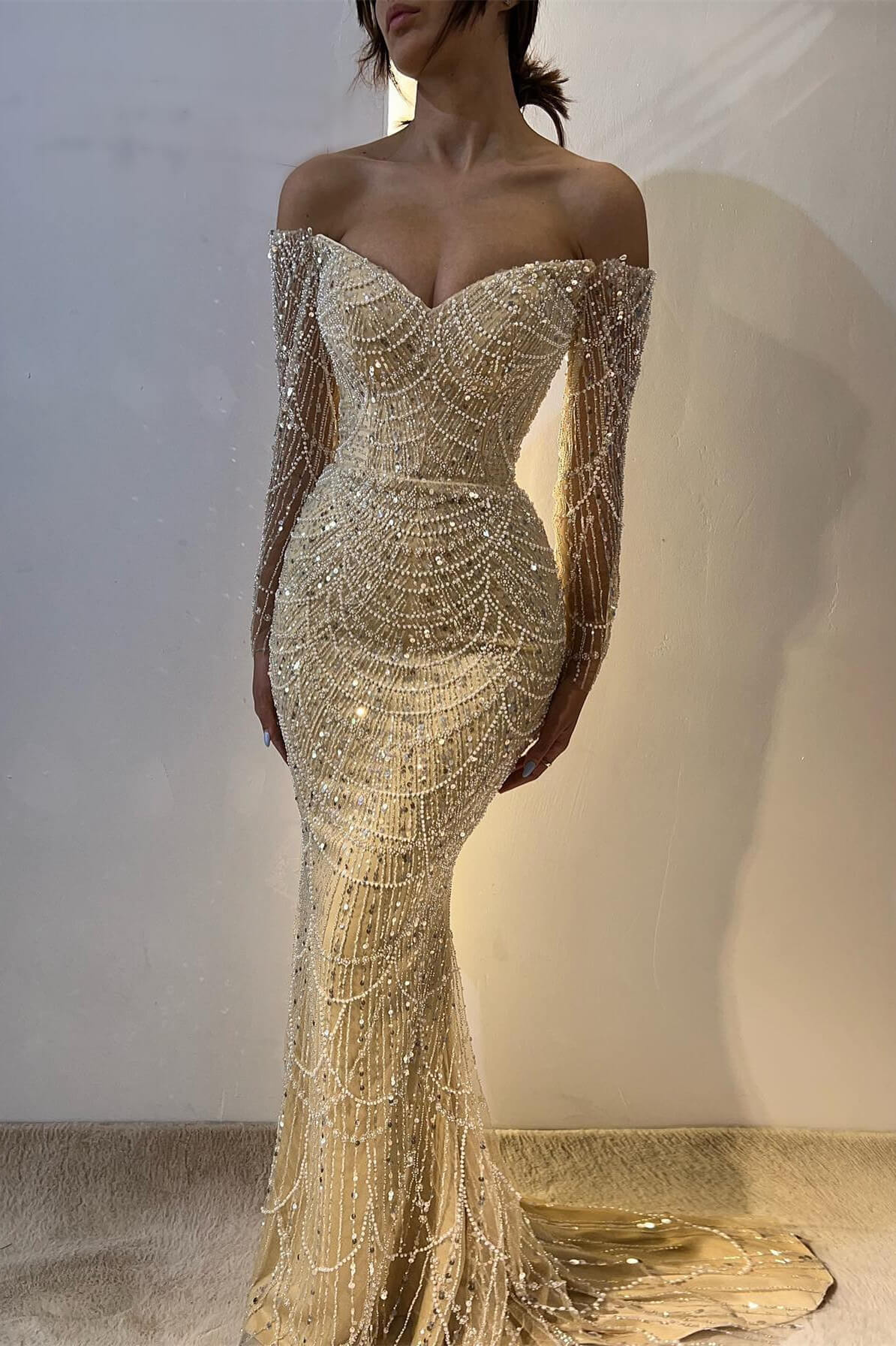 Chic Off-the-Shoulder Long Sleeves Prom Dress Mermaid Pearls With Beads
