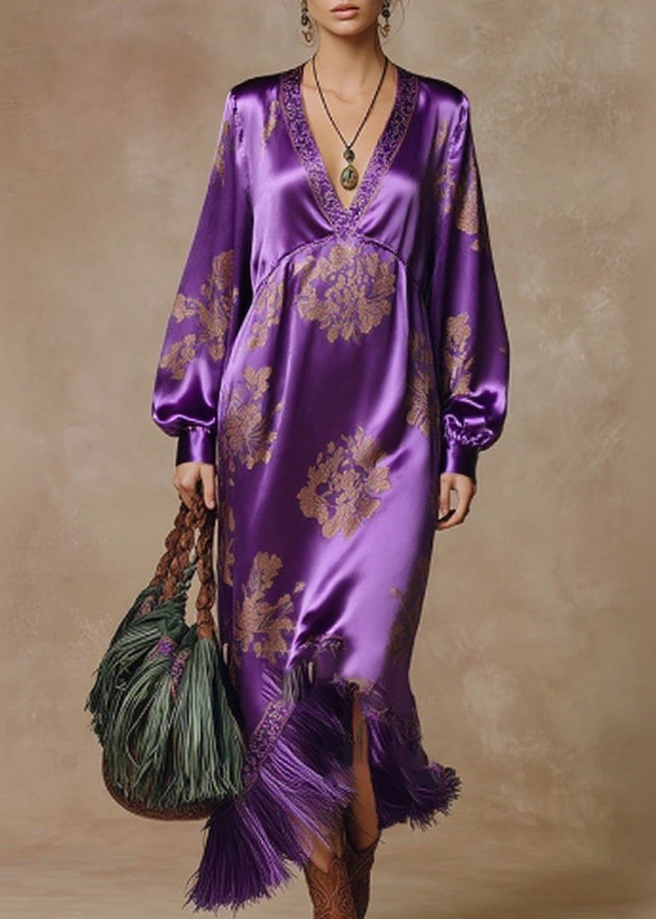 Chic Purple Tasseled Print High Waist Silk Dresses Spring