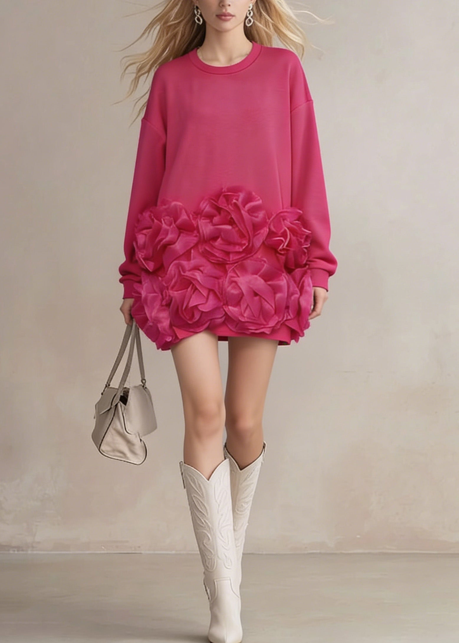 Chic Rose O Neck Floral Cotton T Shirt Dress Spring