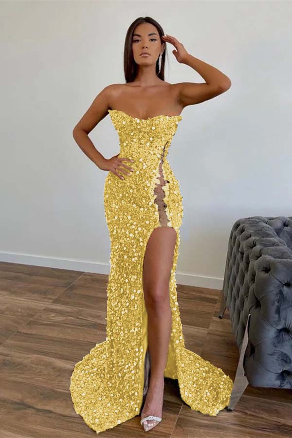 Chic Sequined Long Strapless A-line Evening Prom Dresses with Front Slit
