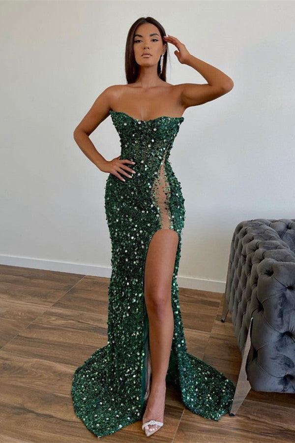 Chic Sequined Long Strapless A-line Evening Prom Dresses with Front Slit