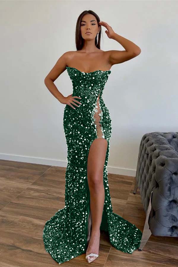 Chic Sequined Long Strapless A-line Evening Prom Dresses with Front Slit