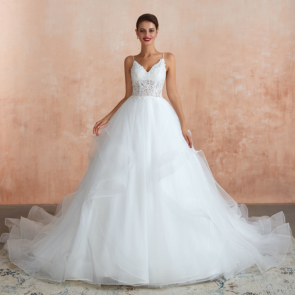 Chic Spaghetti Straps Lace Wedding Dress with See Through Bodice
