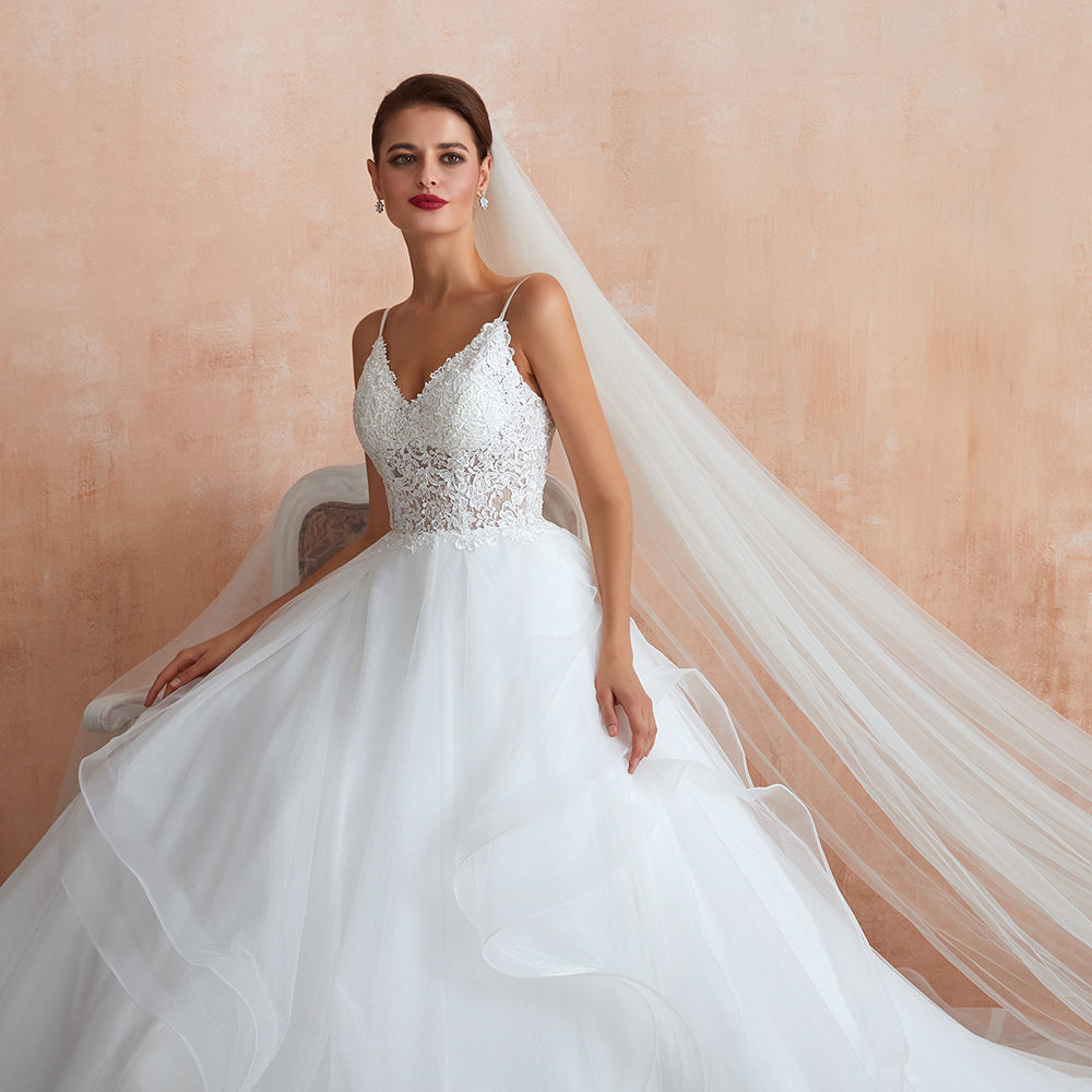 Chic Spaghetti Straps Lace Wedding Dress with See Through Bodice