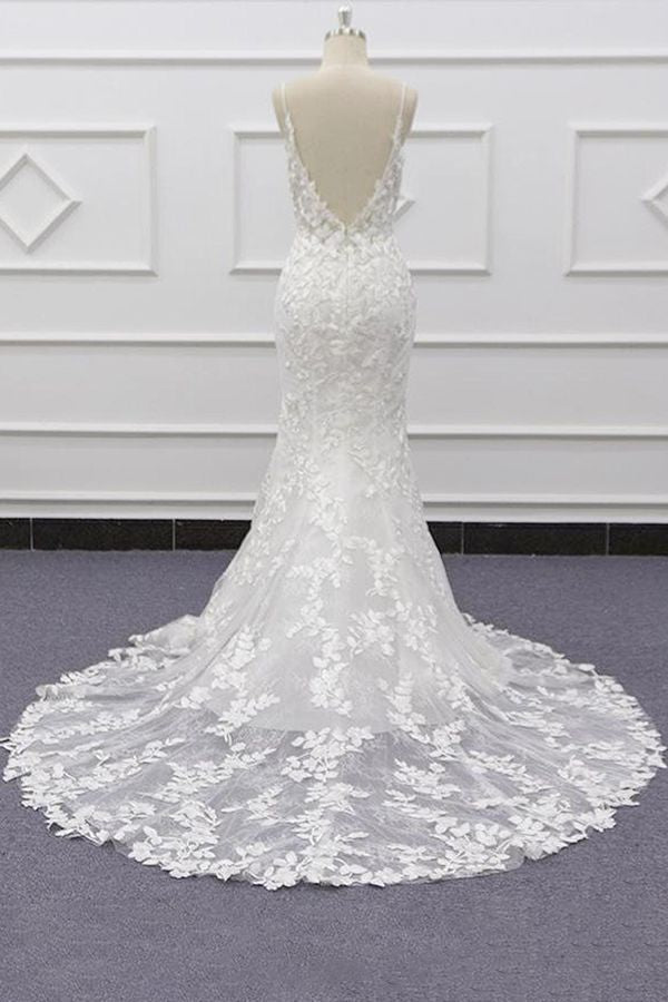 Chic Spaghetti Straps Sleeveless Mermaid Beach Wedding Dress | White Lace Bridal Gowns With Appliques