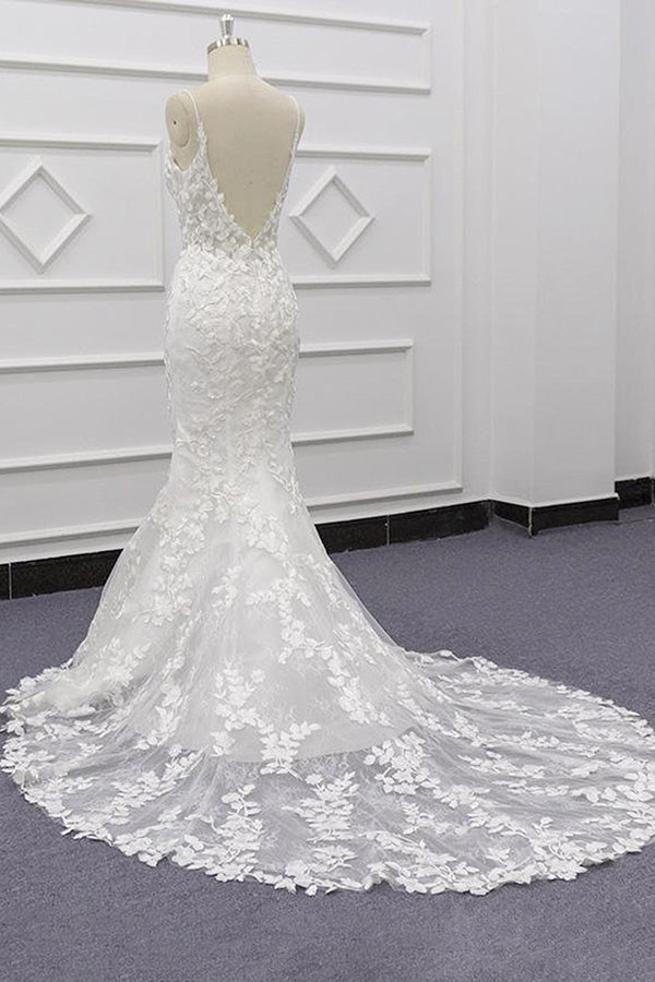 Chic Spaghetti Straps Sleeveless Mermaid Beach Wedding Dress | White Lace Bridal Gowns With Appliques