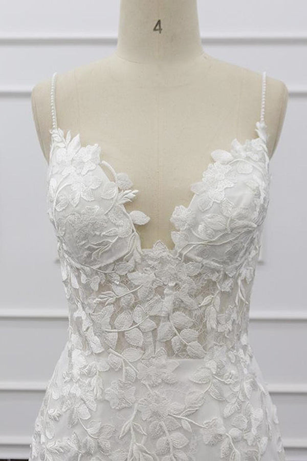 Chic Spaghetti Straps Sleeveless Mermaid Beach Wedding Dress | White Lace Bridal Gowns With Appliques