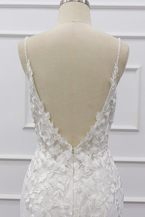Chic Spaghetti Straps Sleeveless Mermaid Beach Wedding Dress | White Lace Bridal Gowns With Appliques