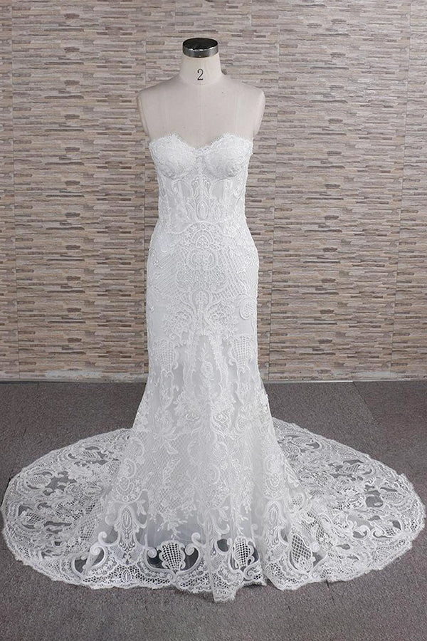 Chic Sweetheart Mermaid Lace Beach Wedding Dress | White Sleeveless Bridal Gowns With Appliques