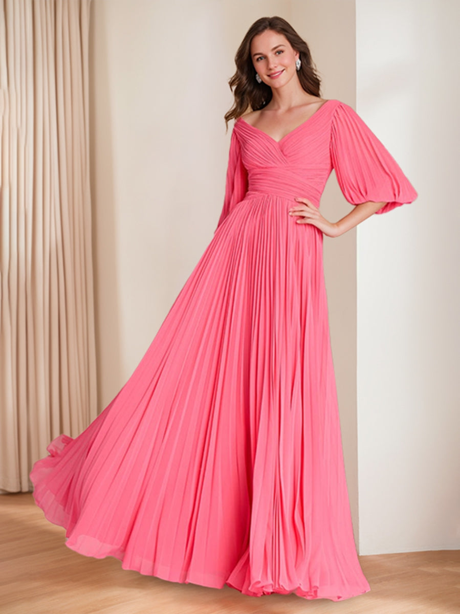 Chic V Neck A Line Dress with 3/4 Sleeves and Pleated Chiffon for Mothers of the Bride & Groom