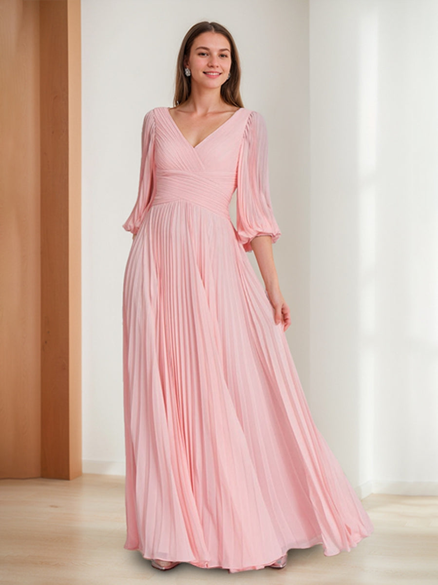 Chic V Neck A Line Dress with 3/4 Sleeves and Pleated Chiffon for Mothers of the Bride & Groom