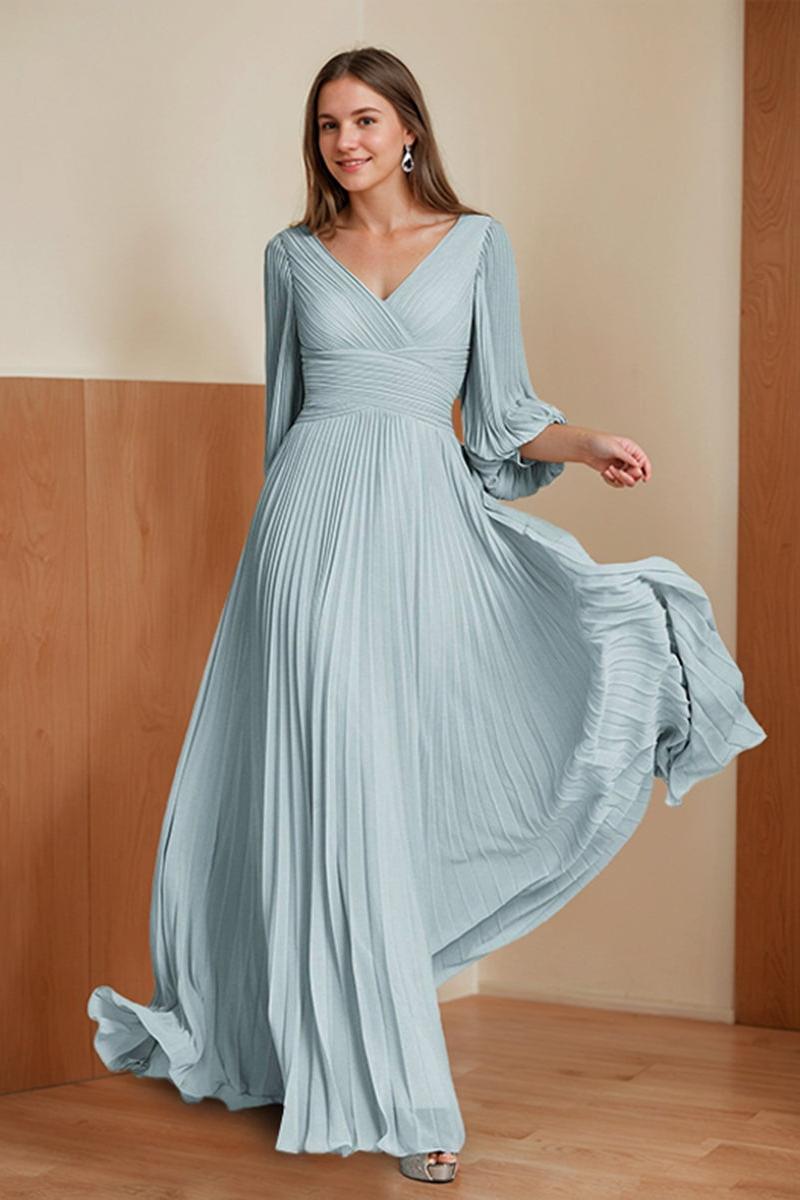 Chic V Neck A Line Dress with 3/4 Sleeves and Pleated Chiffon for Mothers of the Bride & Groom