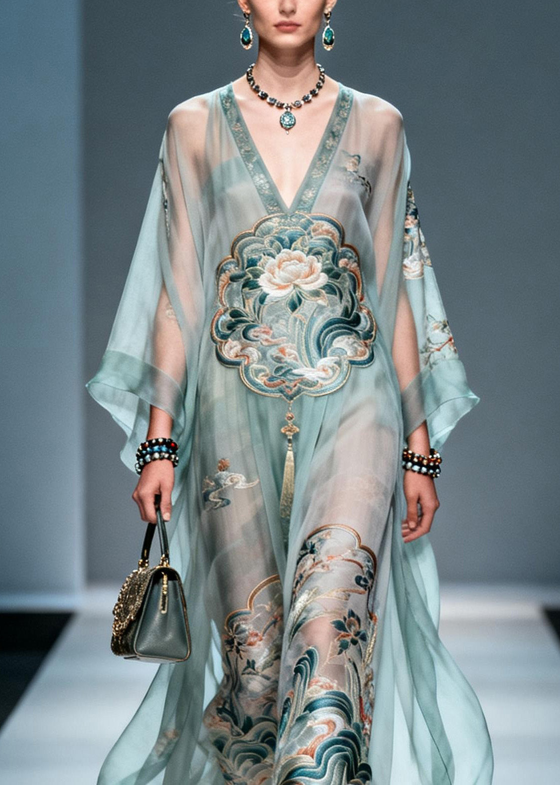Chic V Neck Print Loose Chiffon Long Dress Spring
