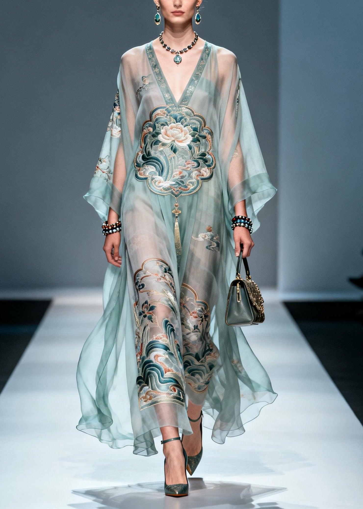 Chic V Neck Print Loose Chiffon Long Dress Spring