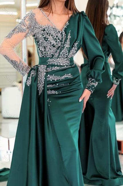 Chic V-neck long sleeves column mermaid Prom Dresses with ruffles